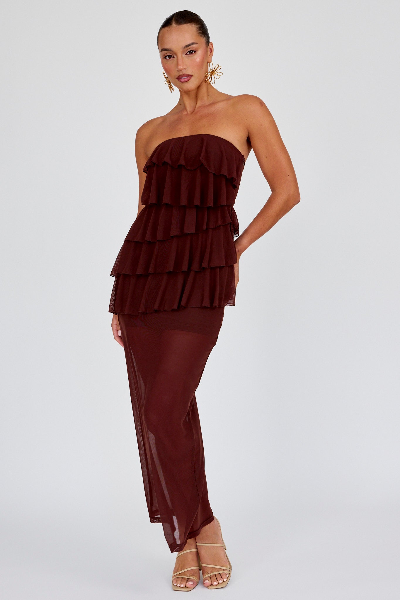 Crewe Strapless Ruffle Maxi Dress Chocolate by Selfie Leslie Australia