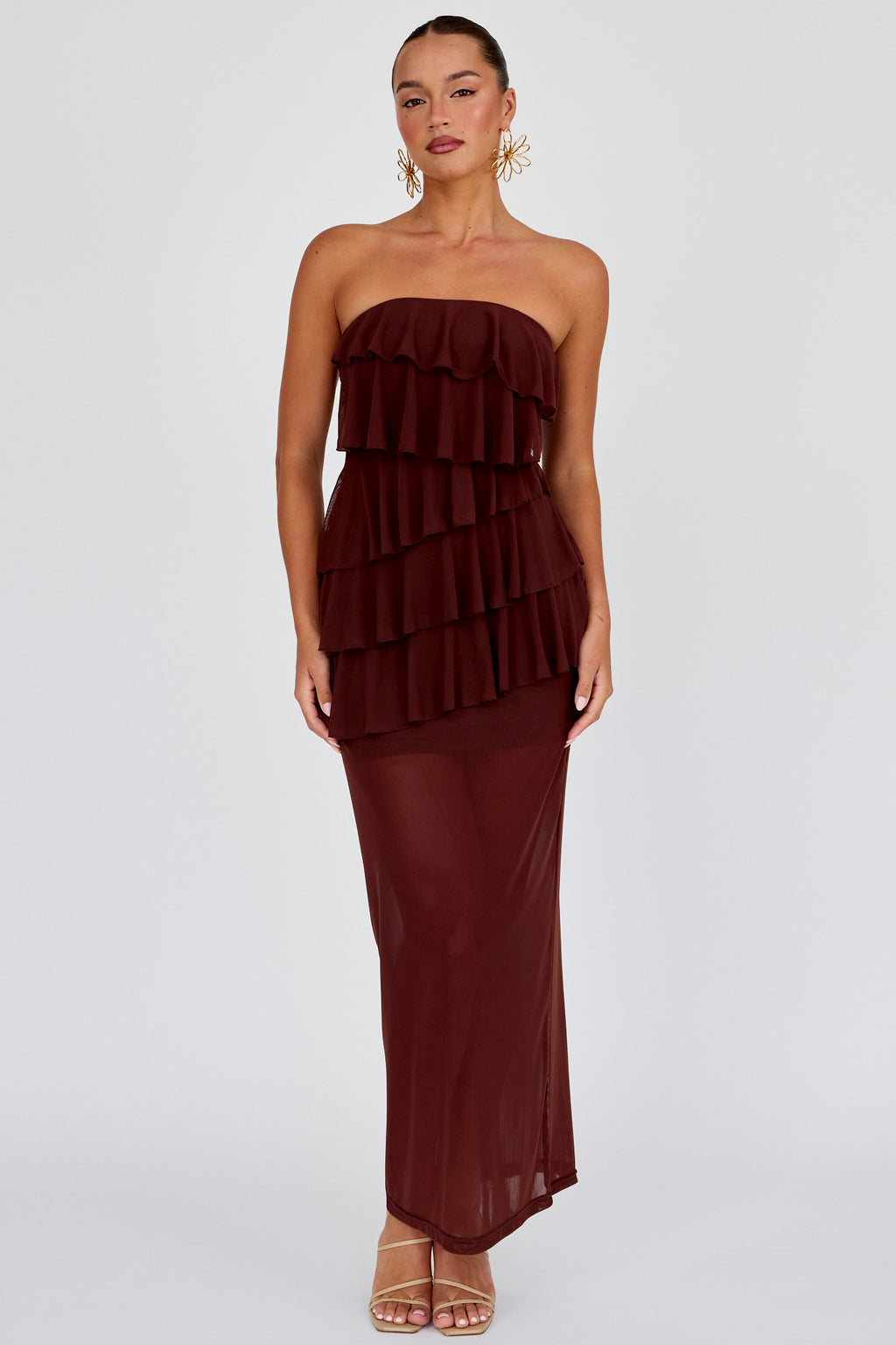 Crewe Strapless Ruffle Maxi Dress Chocolate by Selfie Leslie Australia