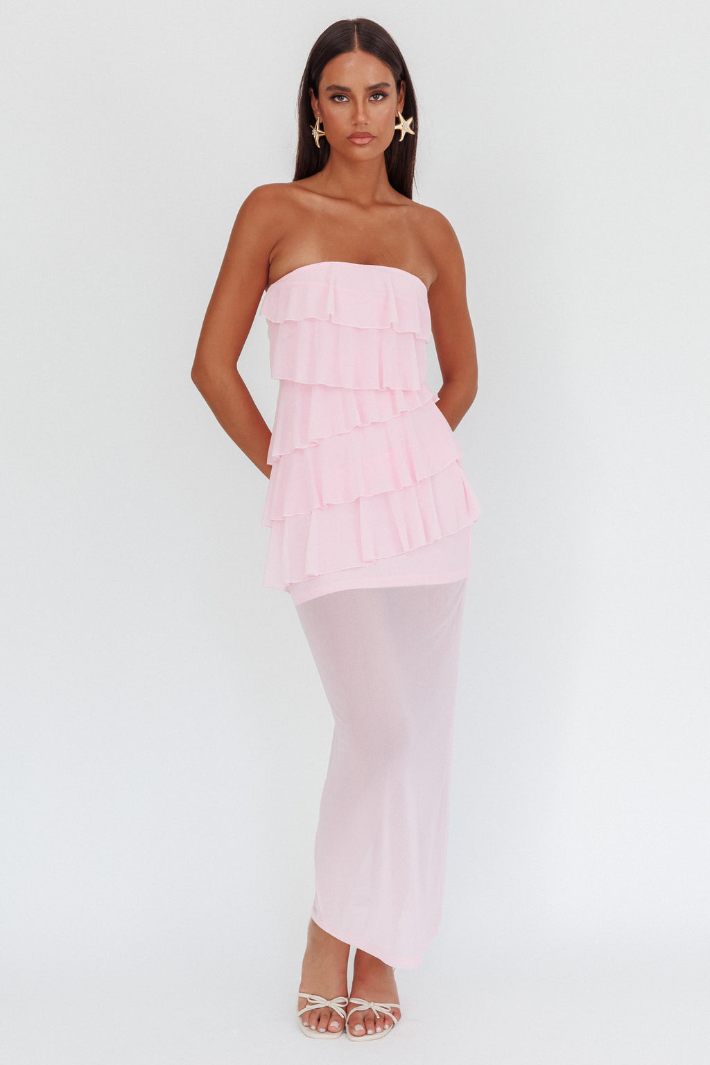 Crewe Strapless Ruffle Maxi Dress Pink by Selfie Leslie Australia