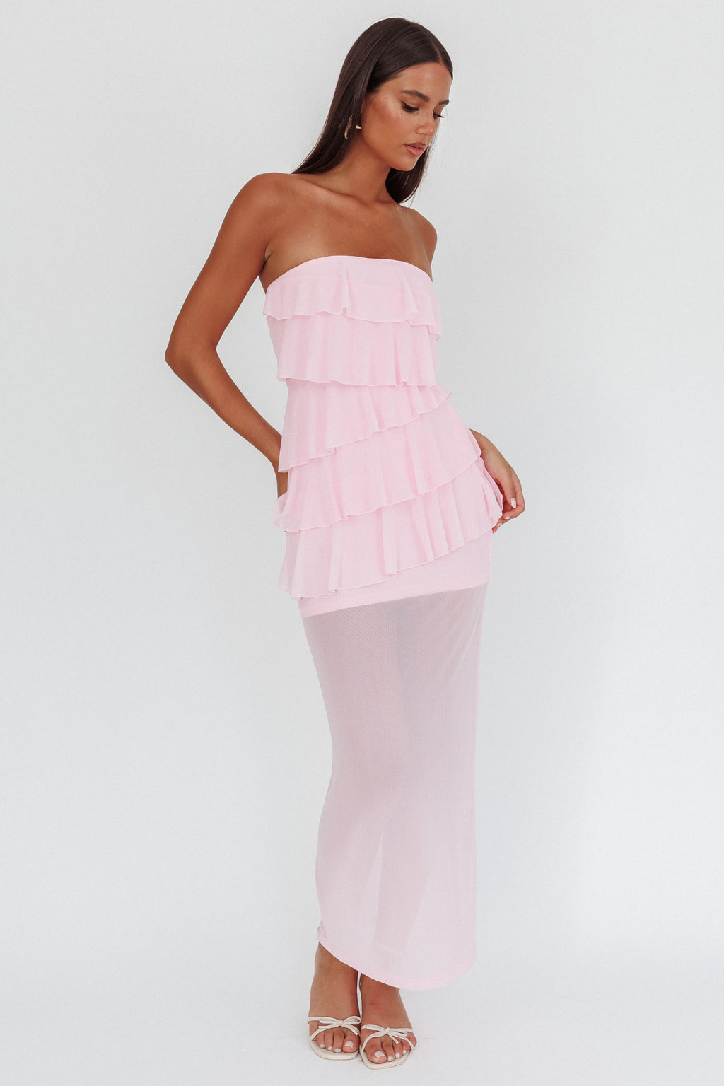 Crewe Strapless Ruffle Maxi Dress Pink by Selfie Leslie Australia