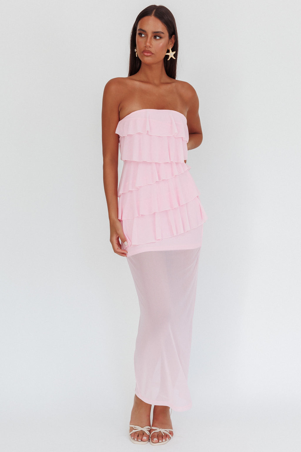 Crewe Strapless Ruffle Maxi Dress Pink by Selfie Leslie Australia