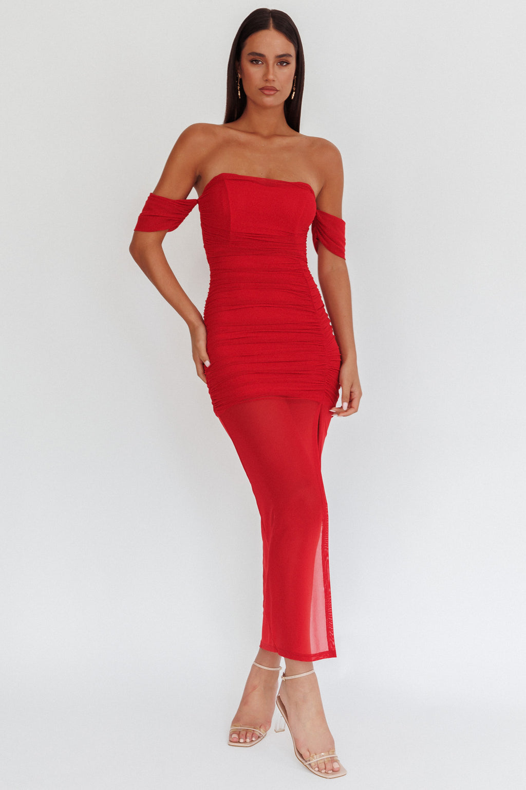 Melonie Off-Shoulder Mesh Maxi Dress Red by Selfie Leslie Australia