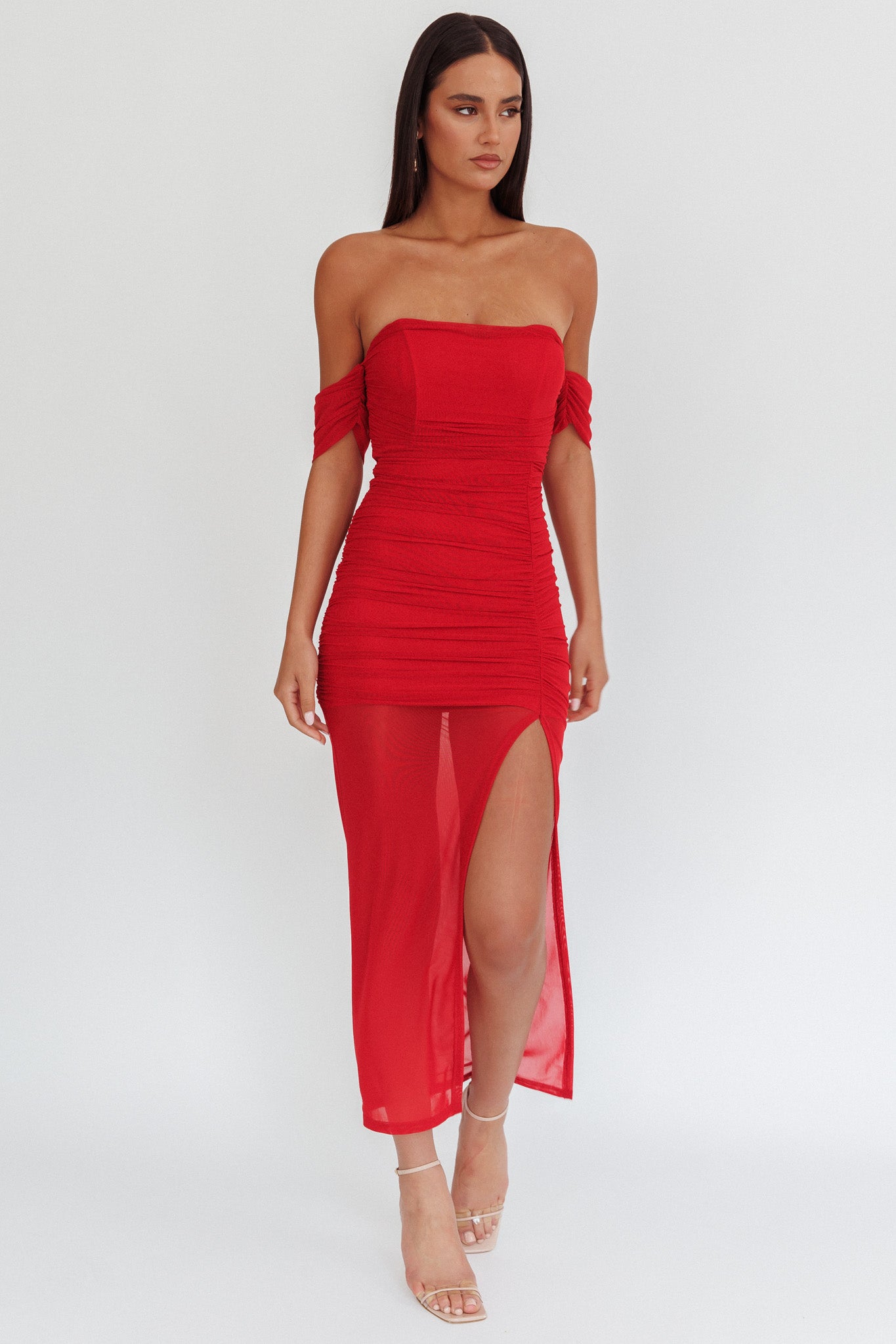 Melonie Off-Shoulder Mesh Maxi Dress Red by Selfie Leslie Australia