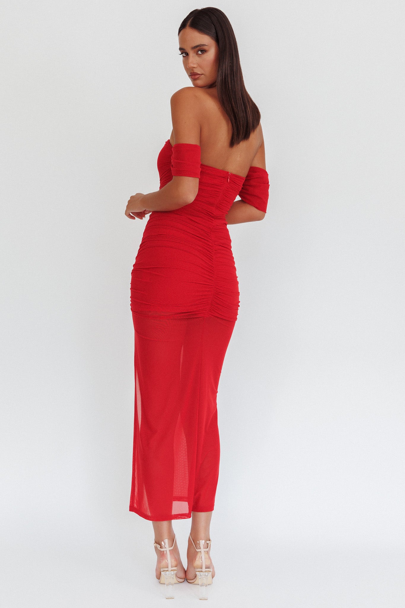 Melonie Off-Shoulder Mesh Maxi Dress Red by Selfie Leslie Australia