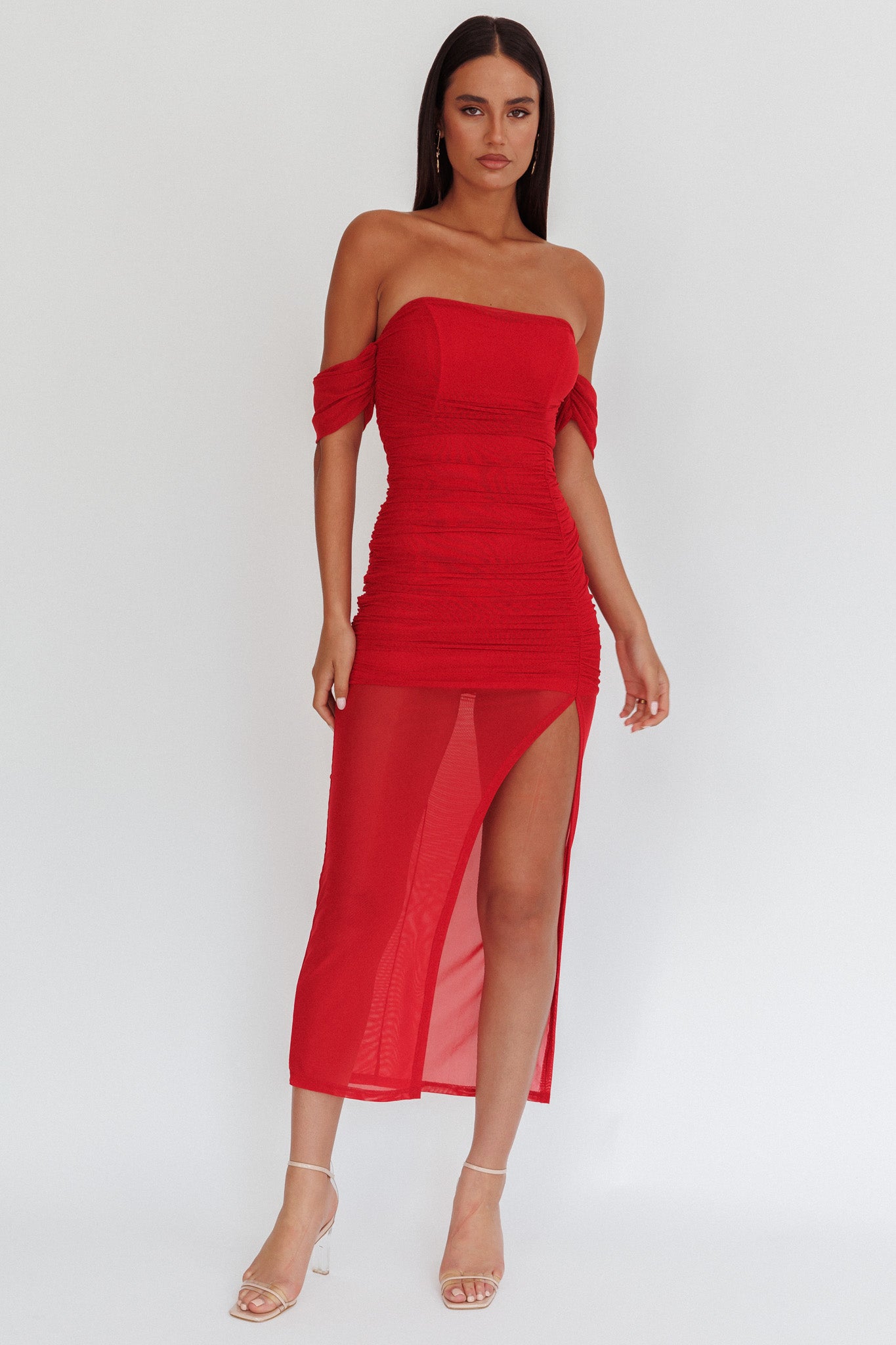 Melonie Off-Shoulder Mesh Maxi Dress Red by Selfie Leslie Australia
