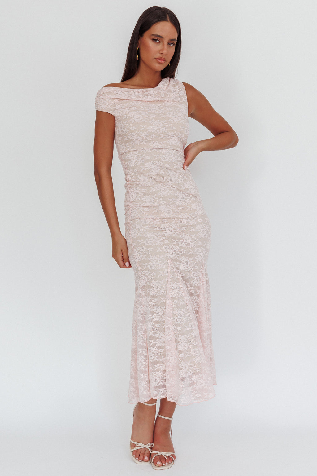Diana Asymmetric Shoulder Godet Maxi Dress Lace Pink by Selfie Leslie Australia