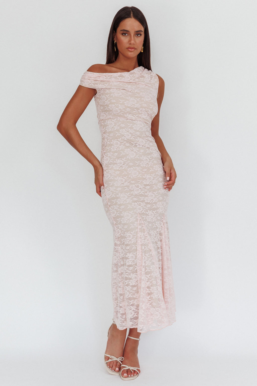 Diana Asymmetric Shoulder Godet Maxi Dress Lace Pink by Selfie Leslie Australia