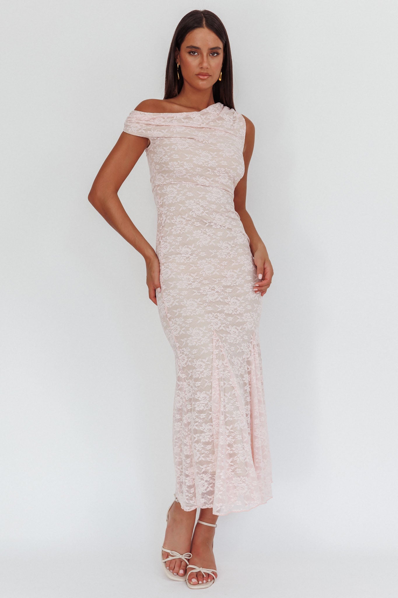 Diana Asymmetric Shoulder Godet Maxi Dress Lace Pink by Selfie Leslie Australia