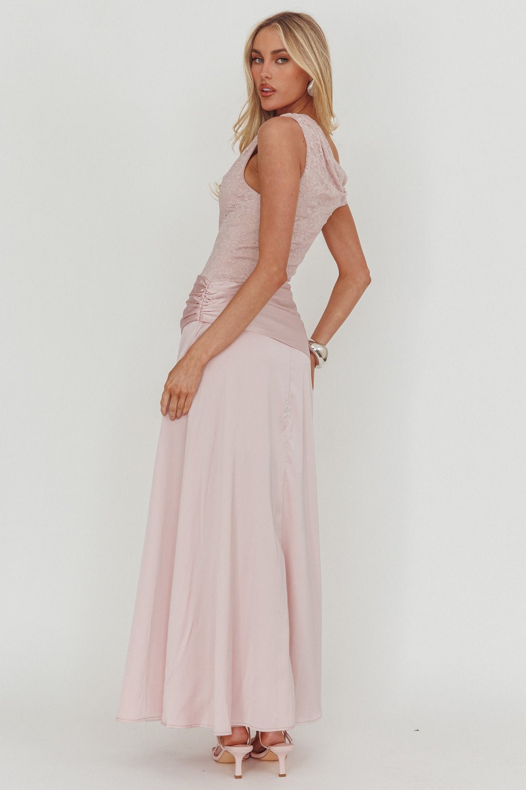 Diana Asymmetric Shoulder Pleat Waist Maxi Dress Blush by Selfie Leslie Australia