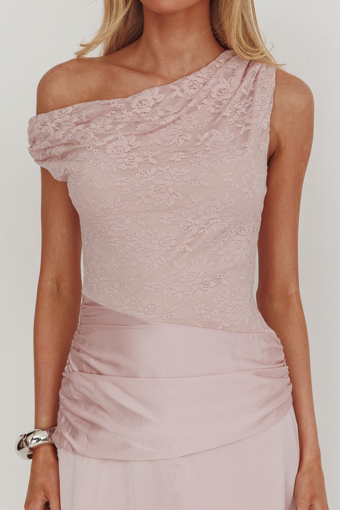 Diana Asymmetric Shoulder Pleat Waist Maxi Dress Blush by Selfie Leslie Australia