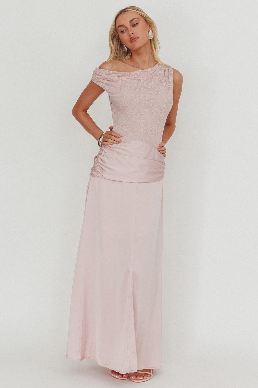 Diana Asymmetric Shoulder Pleat Waist Maxi Dress Blush by Selfie Leslie Australia