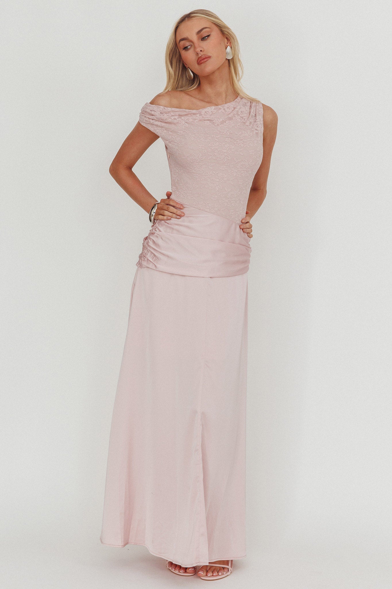 Diana Asymmetric Shoulder Pleat Waist Maxi Dress Blush by Selfie Leslie Australia