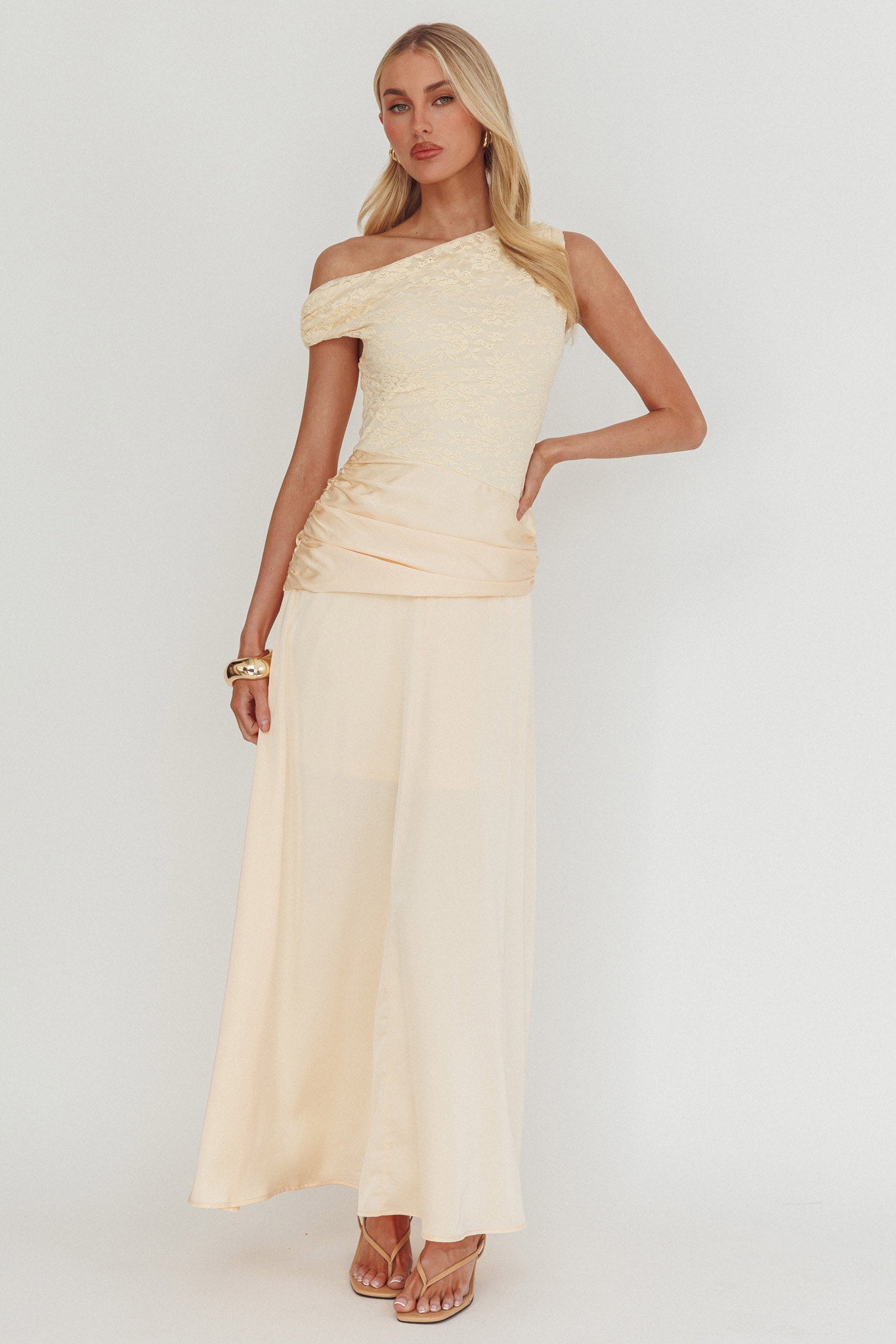 Diana Asymmetric Shoulder Pleat Waist Maxi Dress Butter by Selfie Leslie Australia