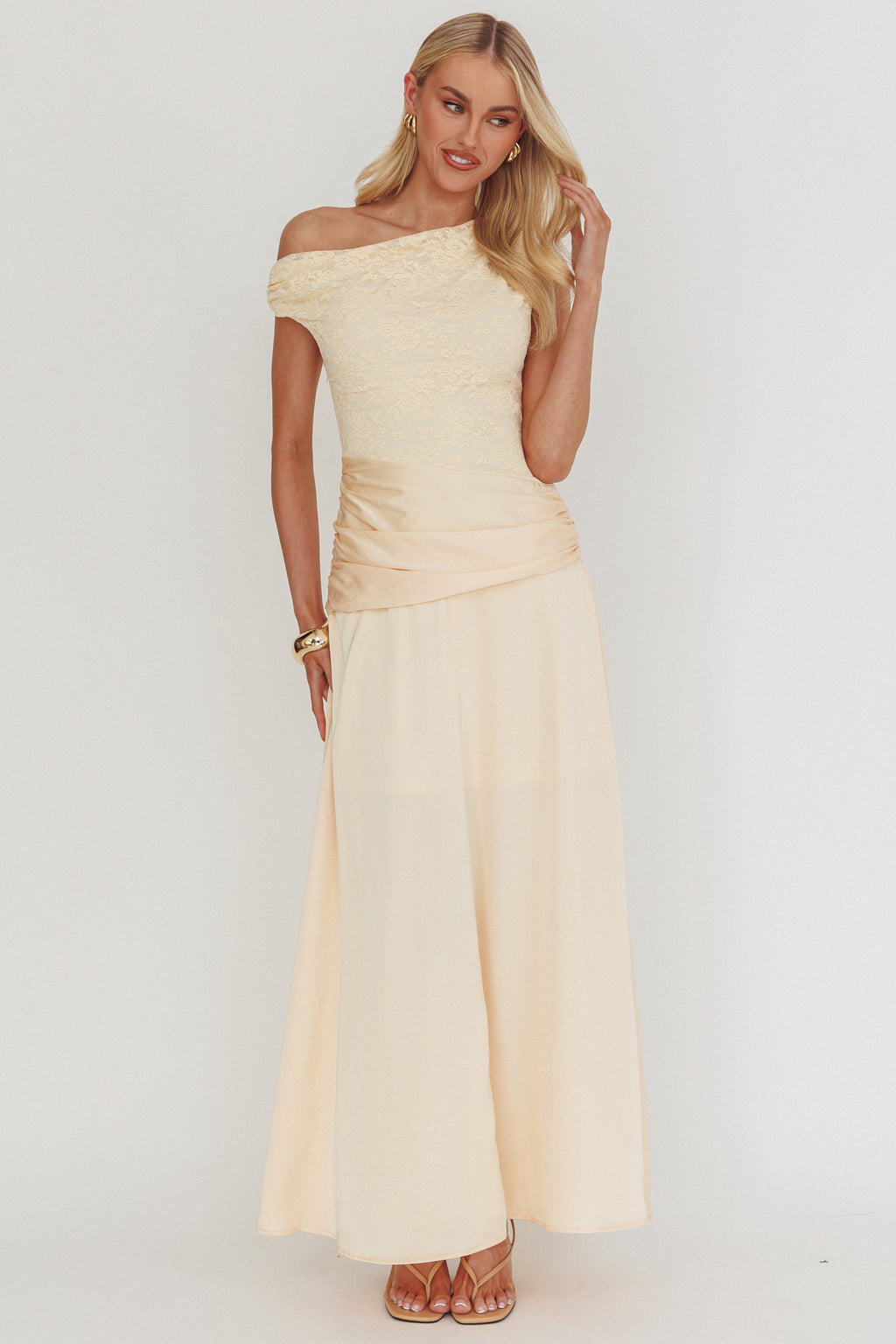Diana Asymmetric Shoulder Pleat Waist Maxi Dress Butter by Selfie Leslie Australia