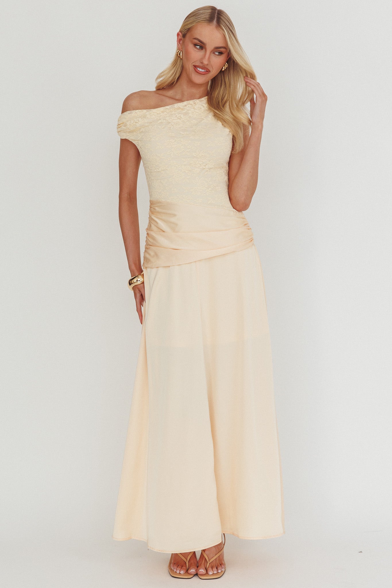 Diana Asymmetric Shoulder Pleat Waist Maxi Dress Butter by Selfie Leslie Australia
