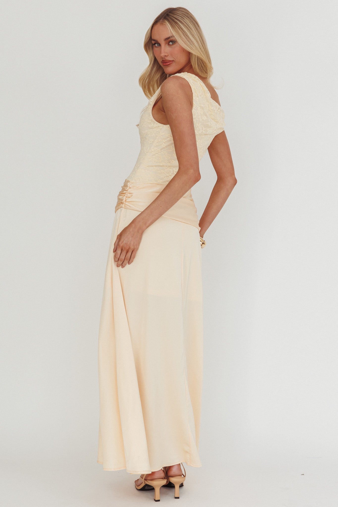 Diana Asymmetric Shoulder Pleat Waist Maxi Dress Butter by Selfie Leslie Australia