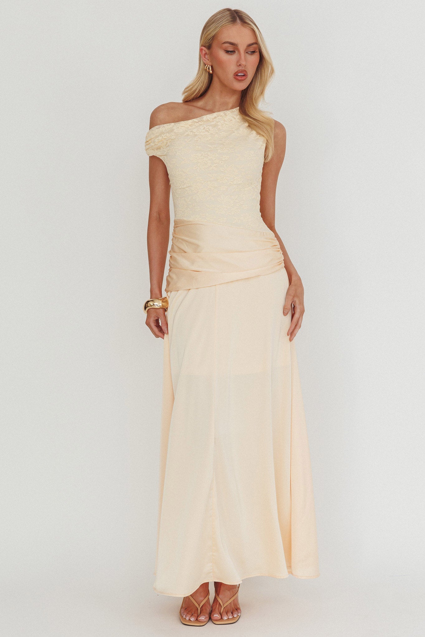 Diana Asymmetric Shoulder Pleat Waist Maxi Dress Butter by Selfie Leslie Australia