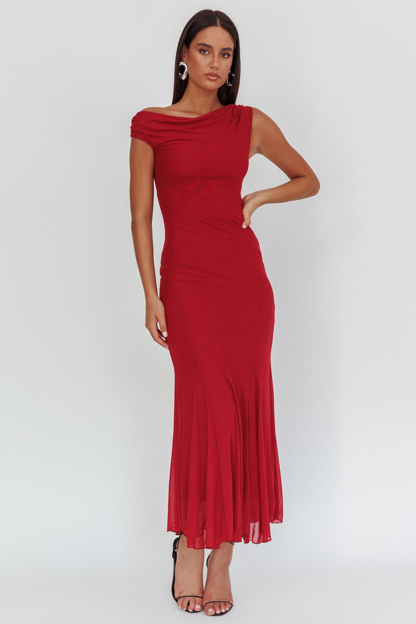 Diana Asymmetric Shoulder Godet Maxi Dress Wine by Selfie Leslie Australia