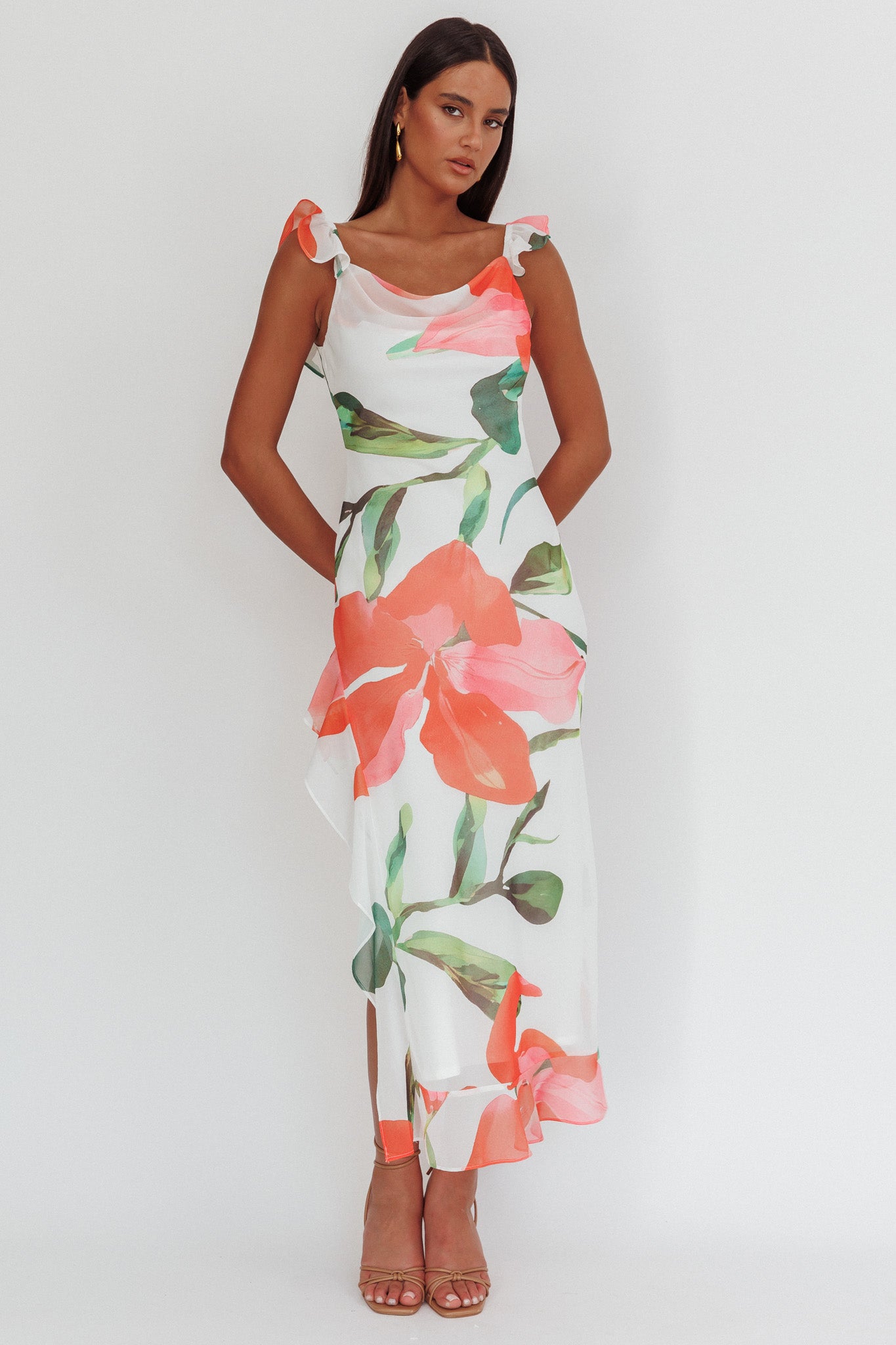 Loula Ruffle Strap Maxi Dress Floral Red by Selfie Leslie Australia