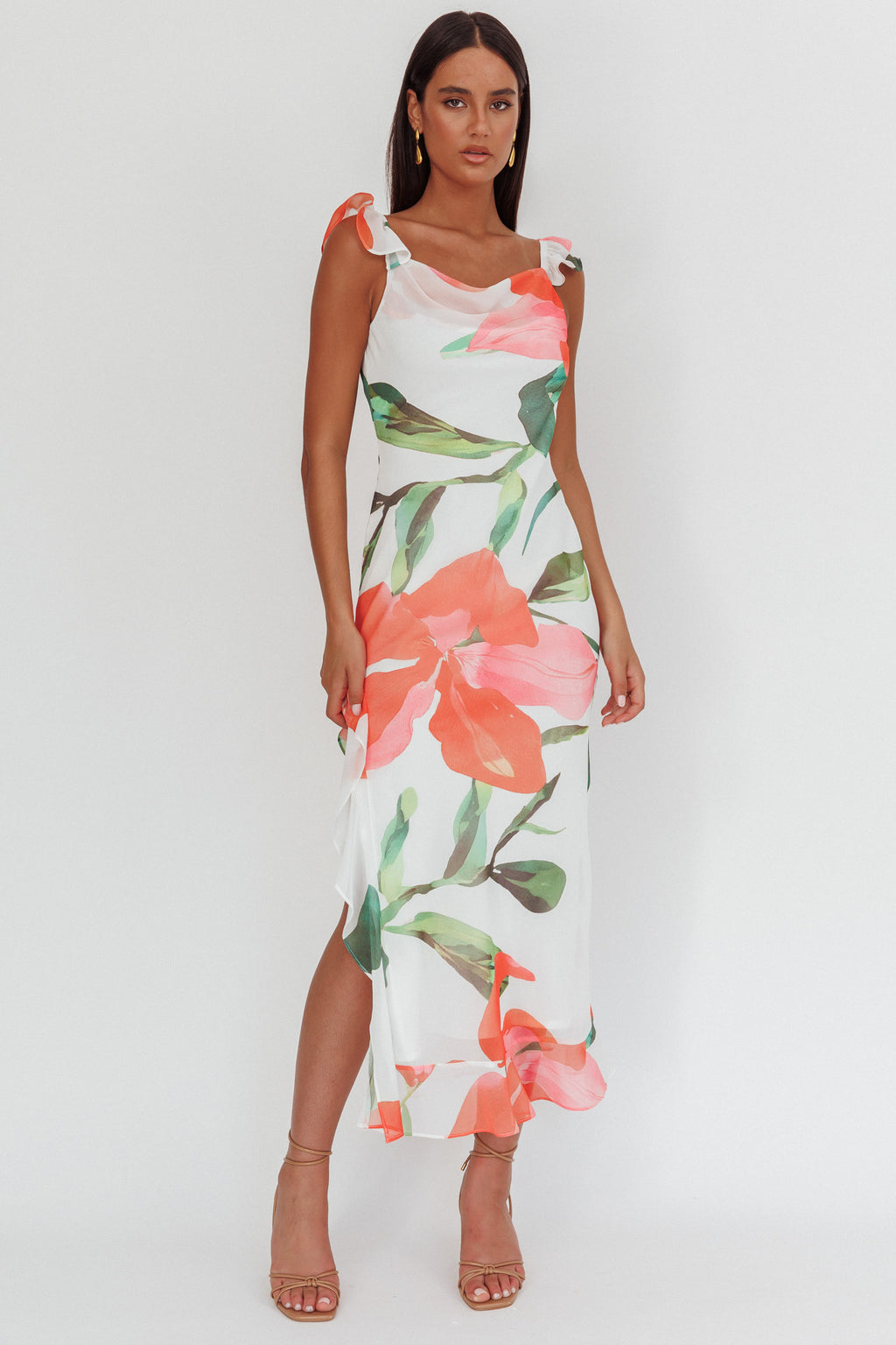 Loula Ruffle Strap Maxi Dress Floral Red by Selfie Leslie Australia