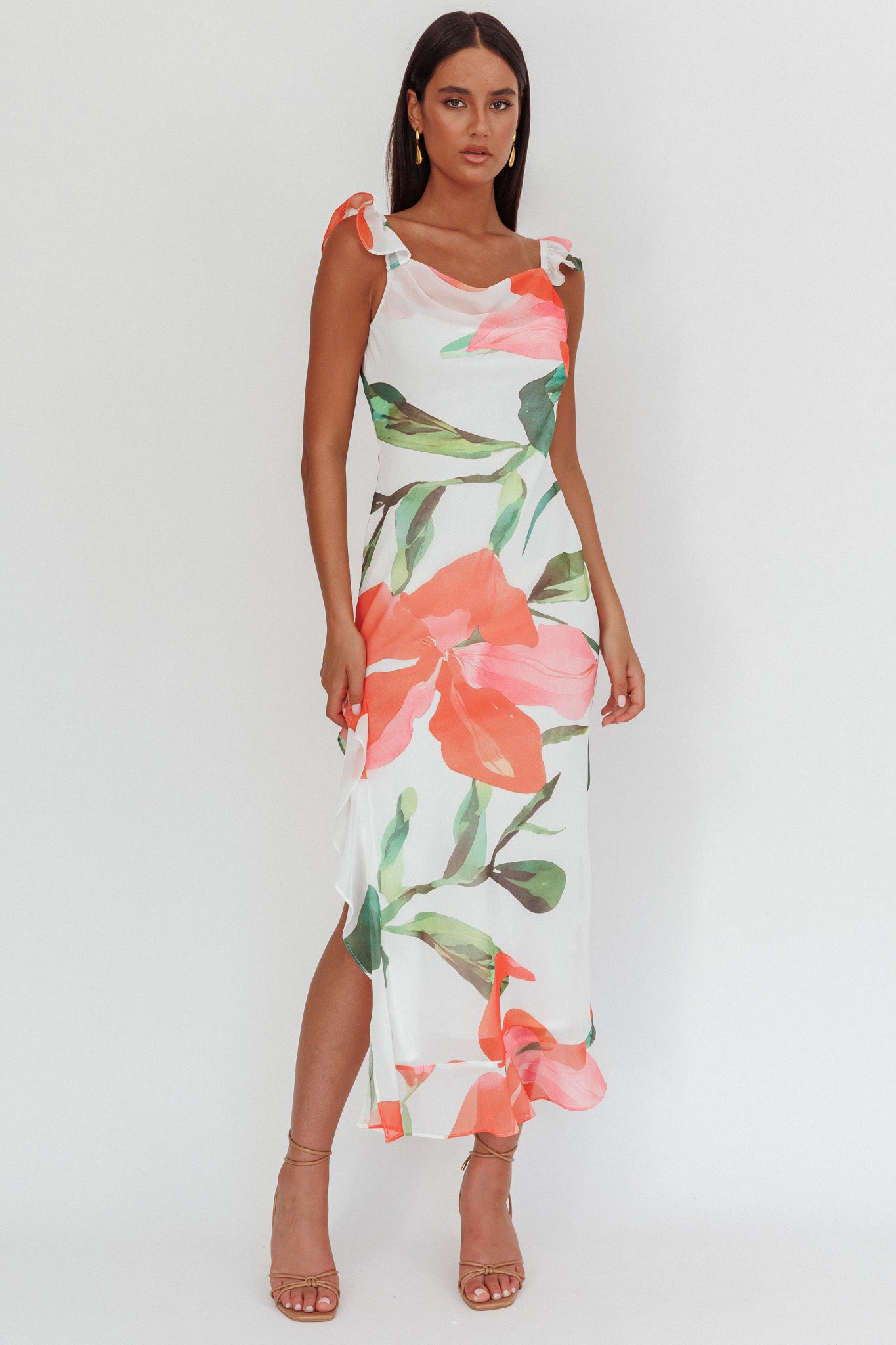 Loula Ruffle Strap Maxi Dress Floral Red by Selfie Leslie Australia
