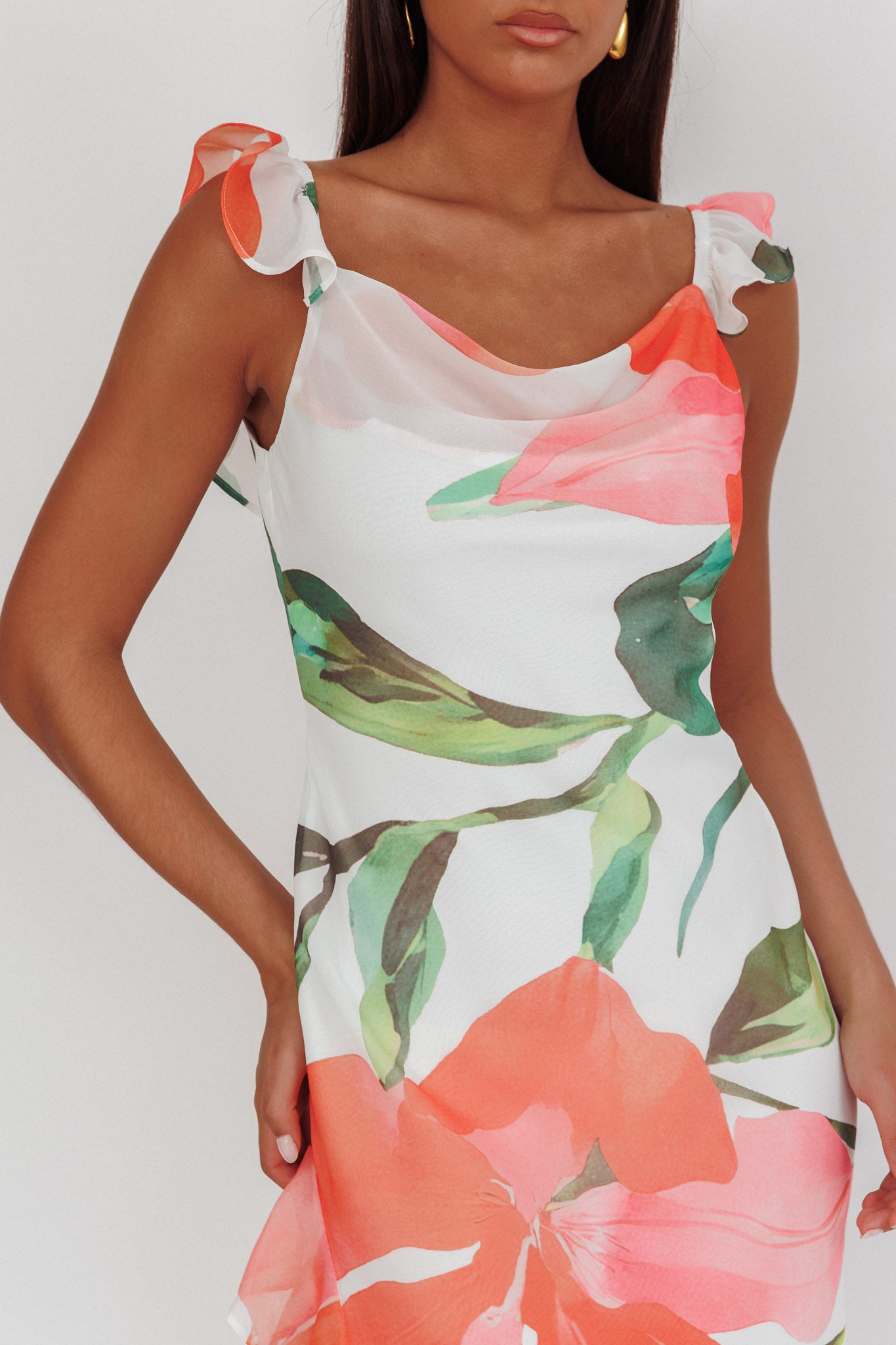 Loula Ruffle Strap Maxi Dress Floral Red by Selfie Leslie Australia