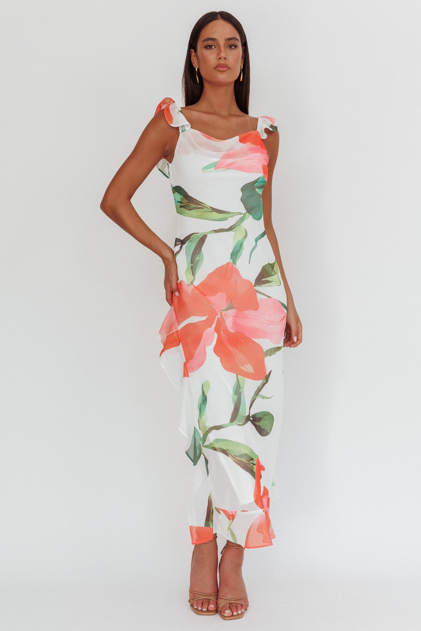 Loula Ruffle Strap Maxi Dress Floral Red by Selfie Leslie Australia