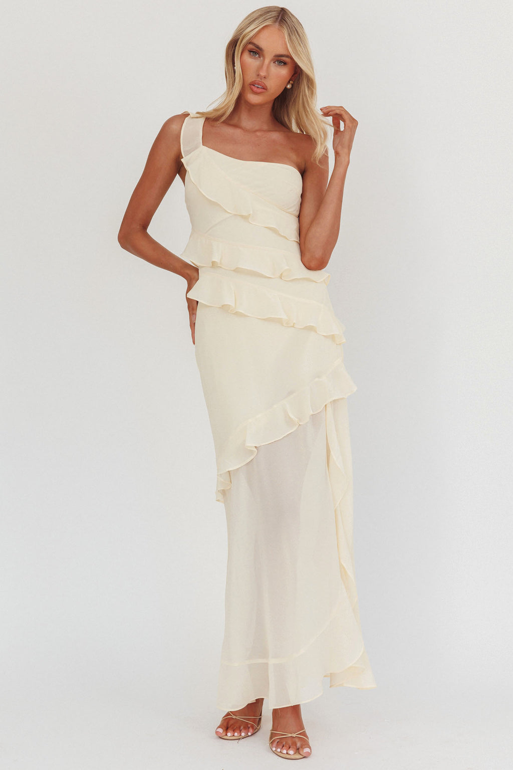 Gelina One-Shoulder Frill Trim Maxi Dress Butter by Selfie Leslie Australia