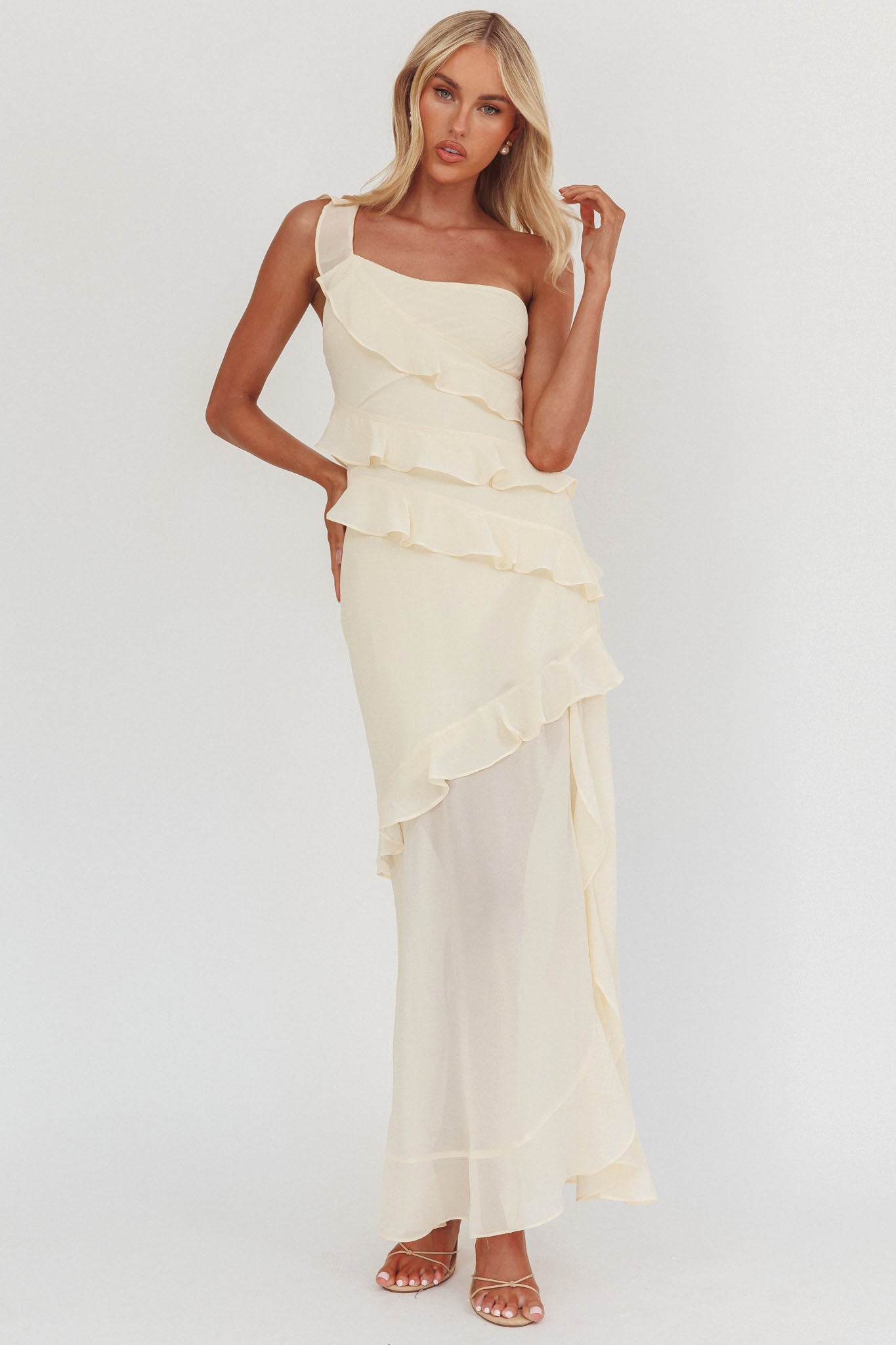 Gelina One-Shoulder Frill Trim Maxi Dress Butter by Selfie Leslie Australia