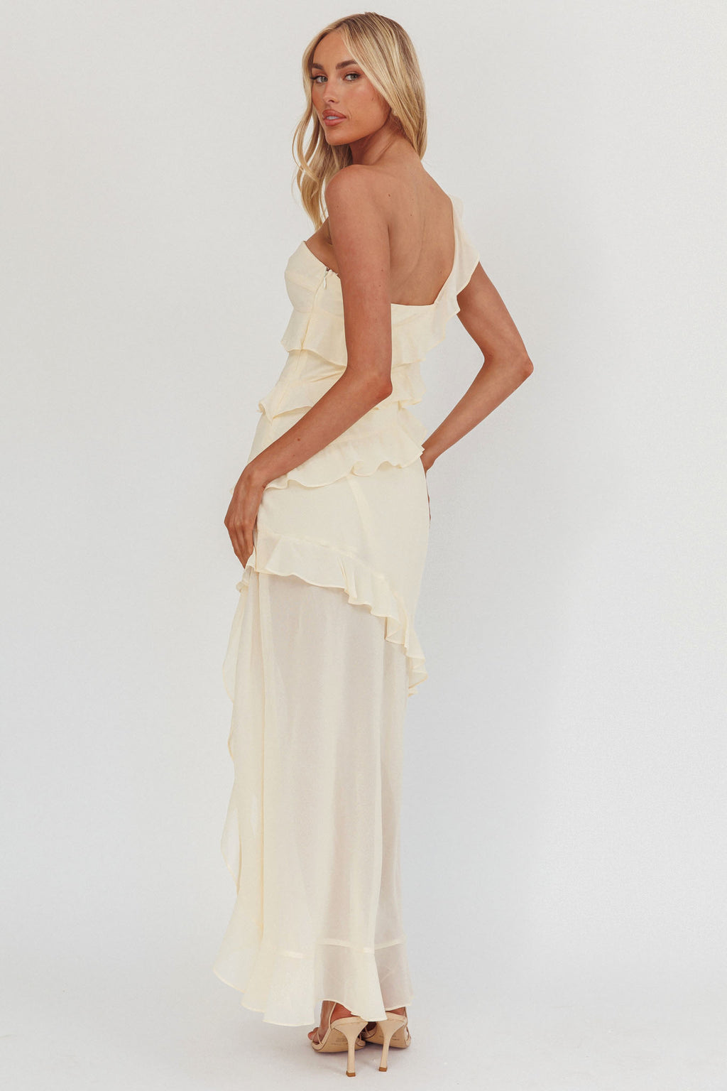 Gelina One-Shoulder Frill Trim Maxi Dress Butter by Selfie Leslie Australia