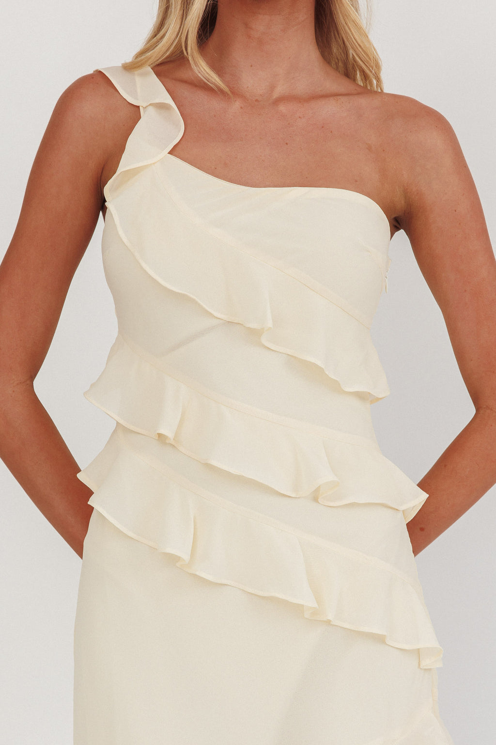 Gelina One-Shoulder Frill Trim Maxi Dress Butter by Selfie Leslie Australia