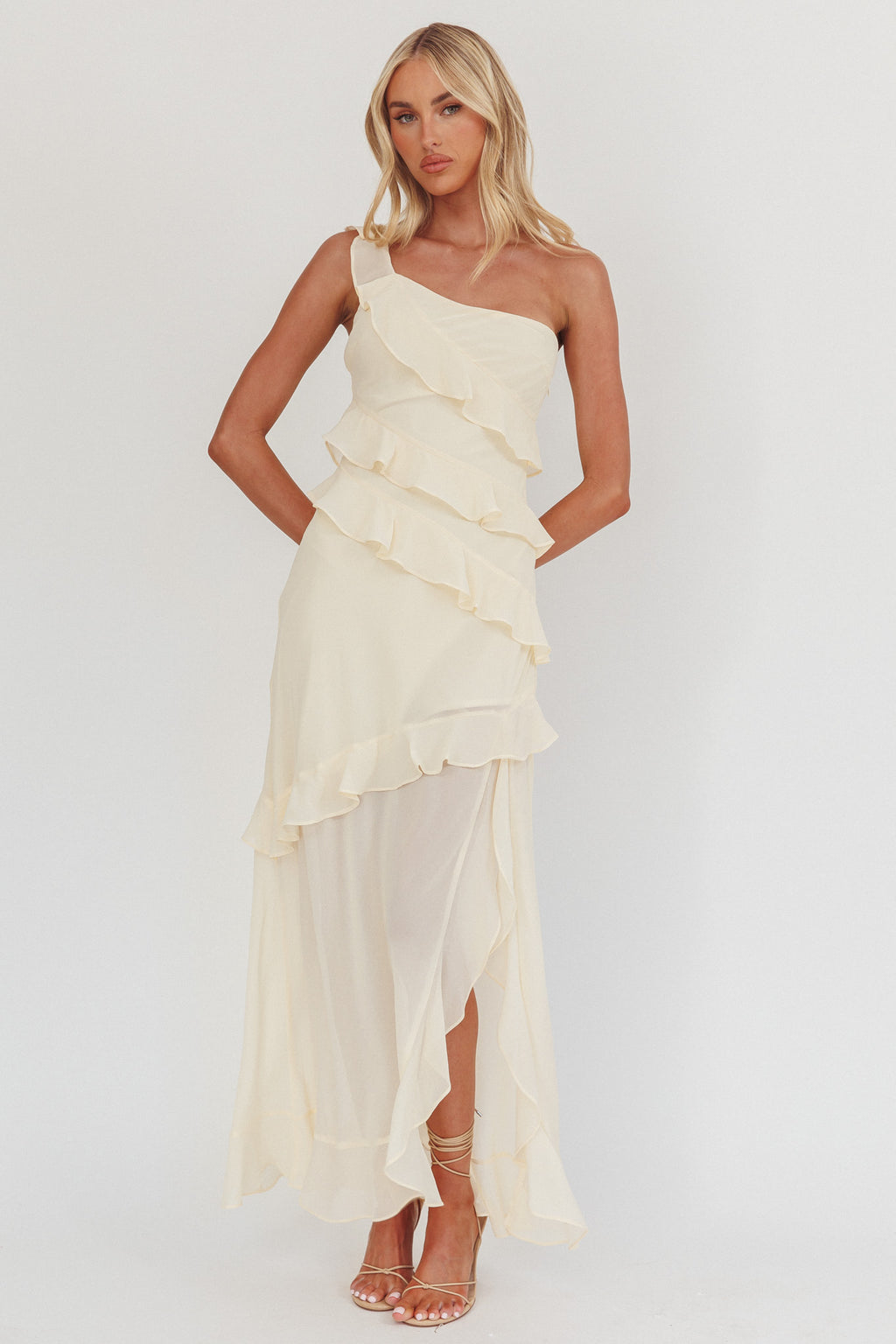 Gelina One-Shoulder Frill Trim Maxi Dress Butter by Selfie Leslie Australia