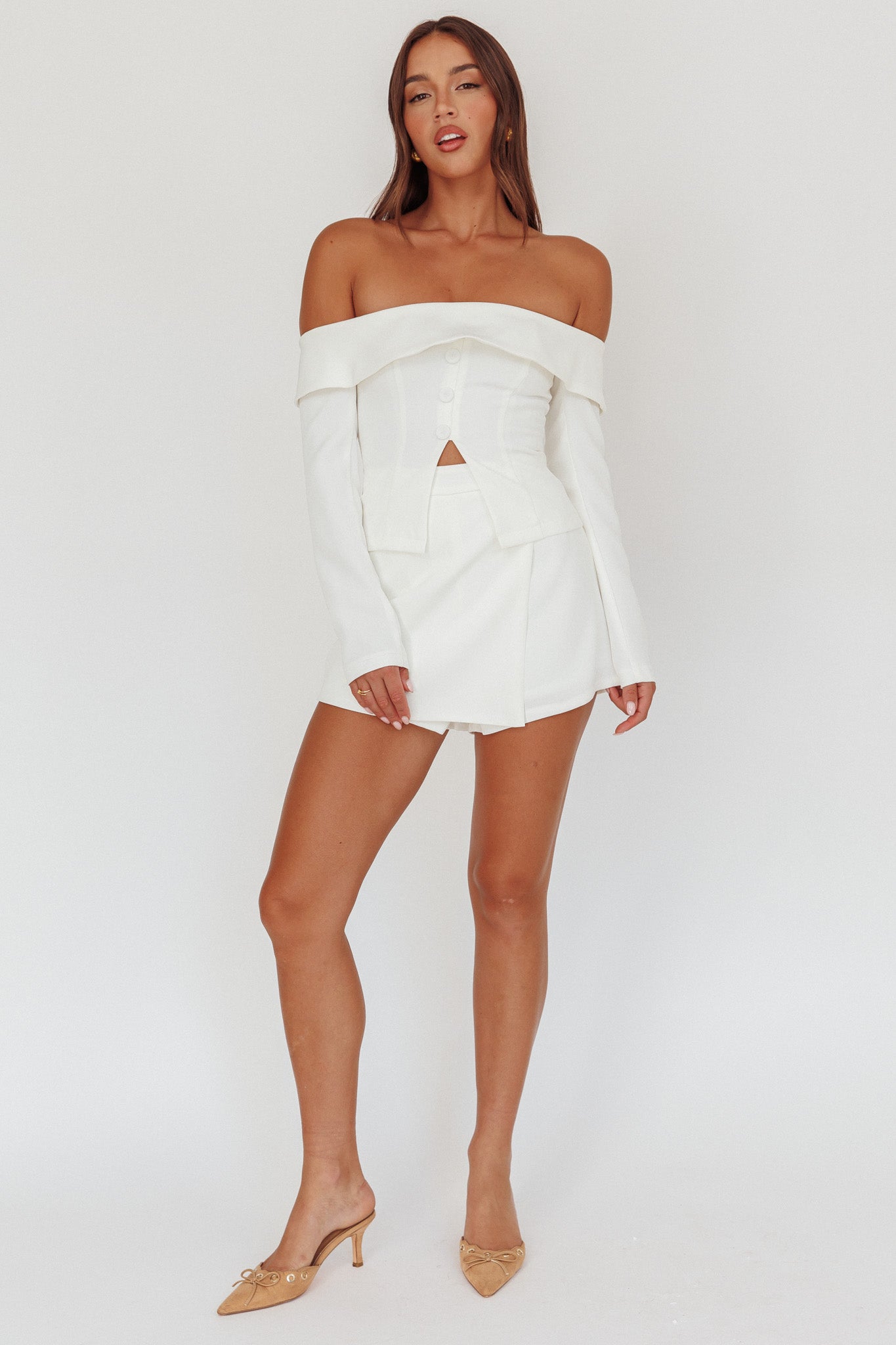 Adalis High Waist Wrap Front Shorts Off White by Selfie Leslie Australia