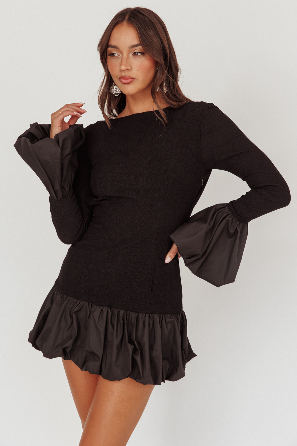 Promise Bubble Hem Open Back Mini Dress Black by Selfie Leslie Australia