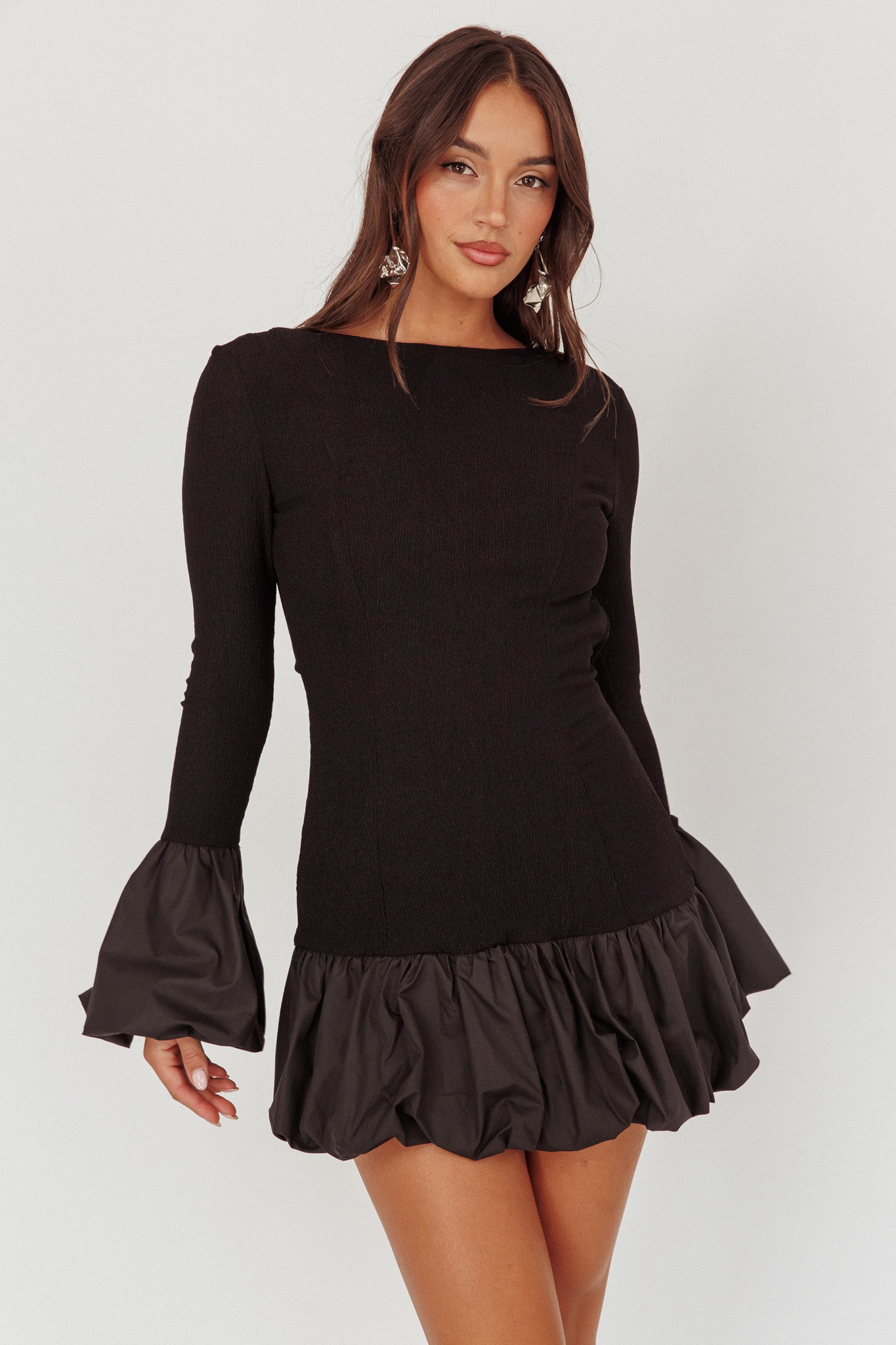 Promise Bubble Hem Open Back Mini Dress Black by Selfie Leslie Australia