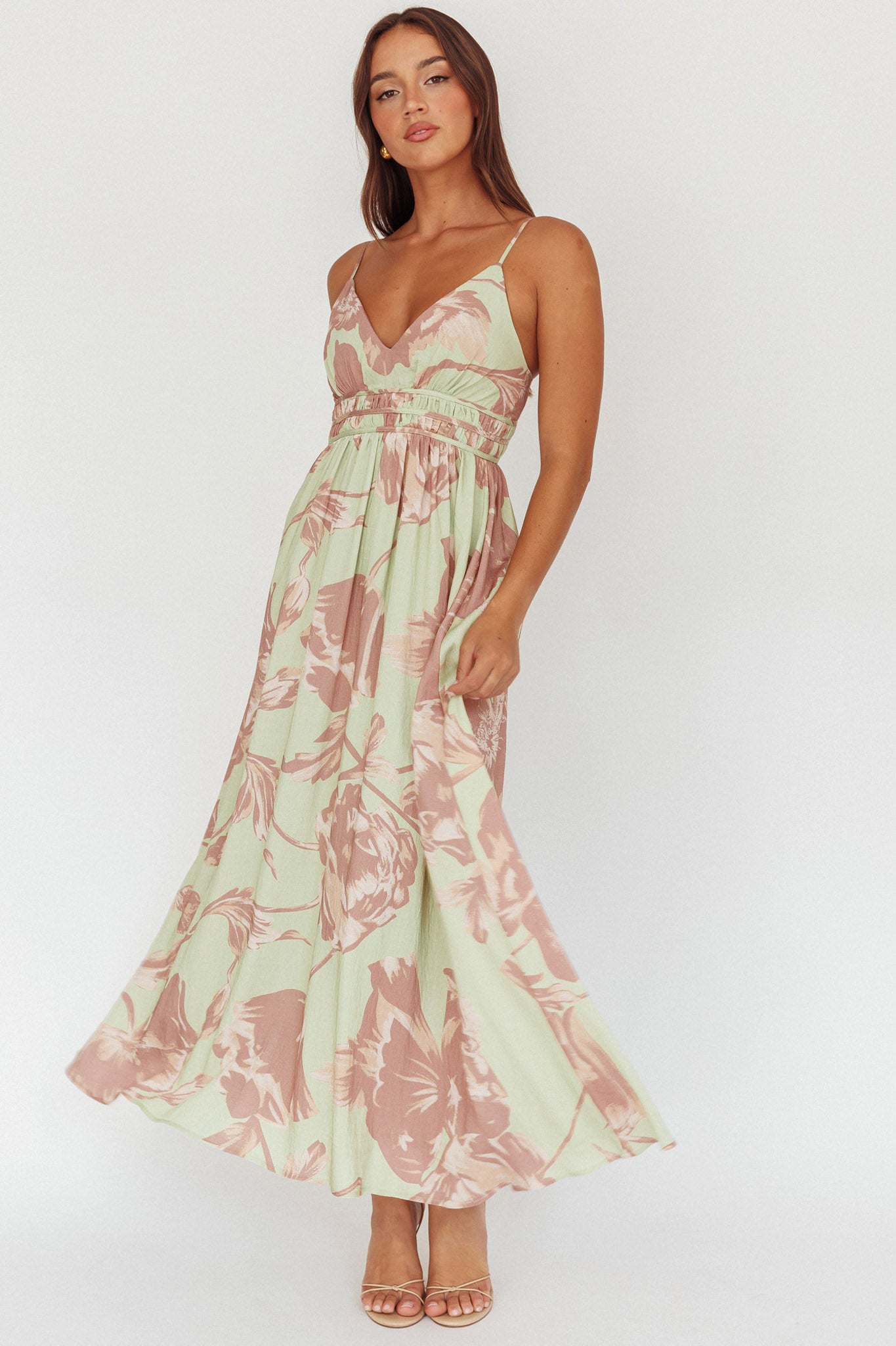Sunny Afternoon Gathered Waist Maxi Dress Floral Sage by Selfie Leslie Australia
