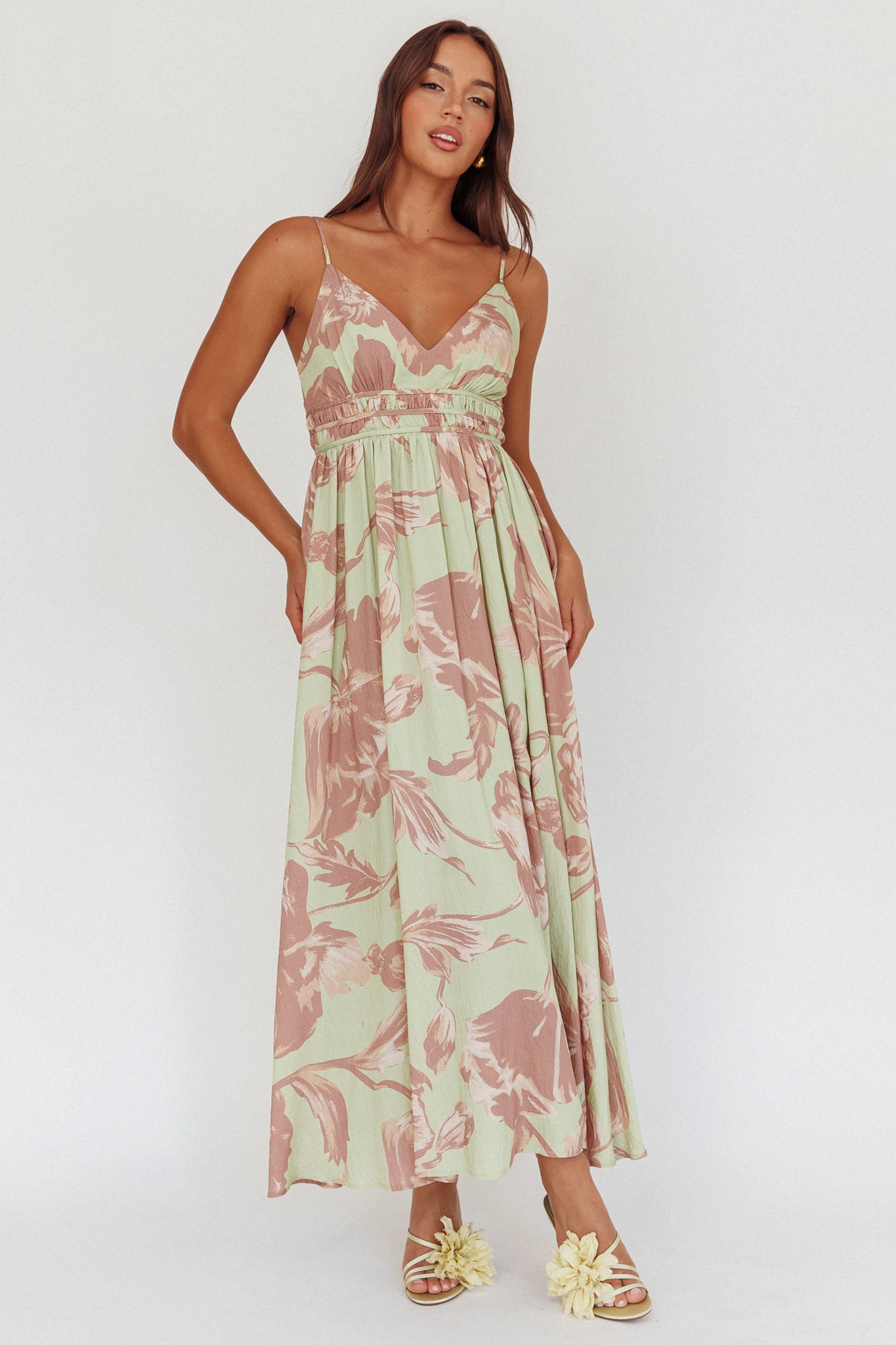 Sunny Afternoon Gathered Waist Maxi Dress Floral Sage by Selfie Leslie Australia