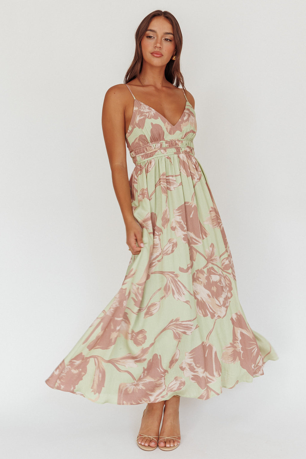 Sunny Afternoon Gathered Waist Maxi Dress Floral Sage by Selfie Leslie Australia