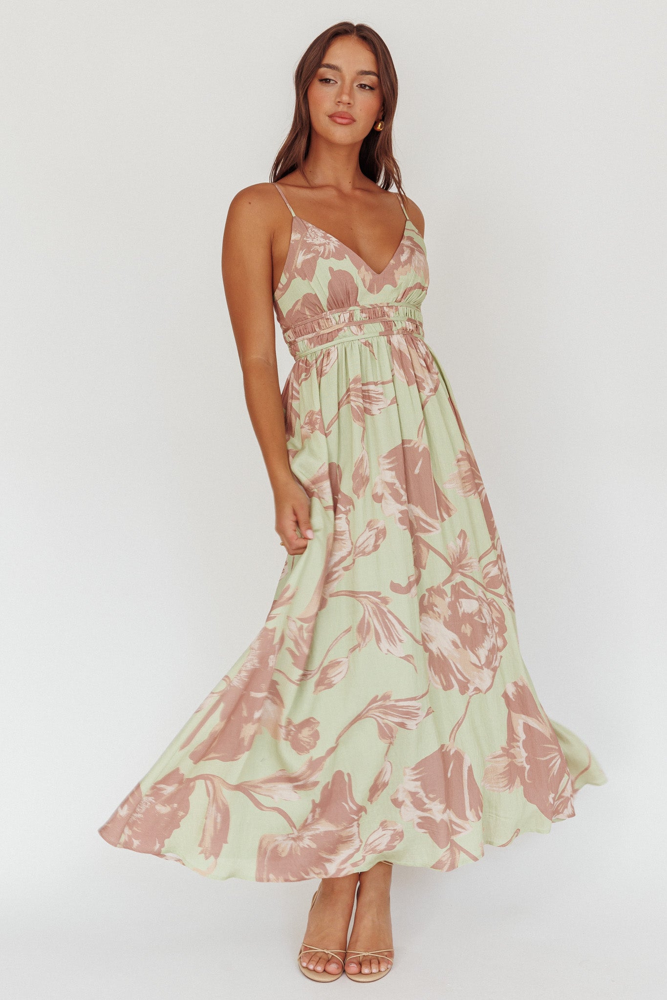 Sunny Afternoon Gathered Waist Maxi Dress Floral Sage by Selfie Leslie Australia