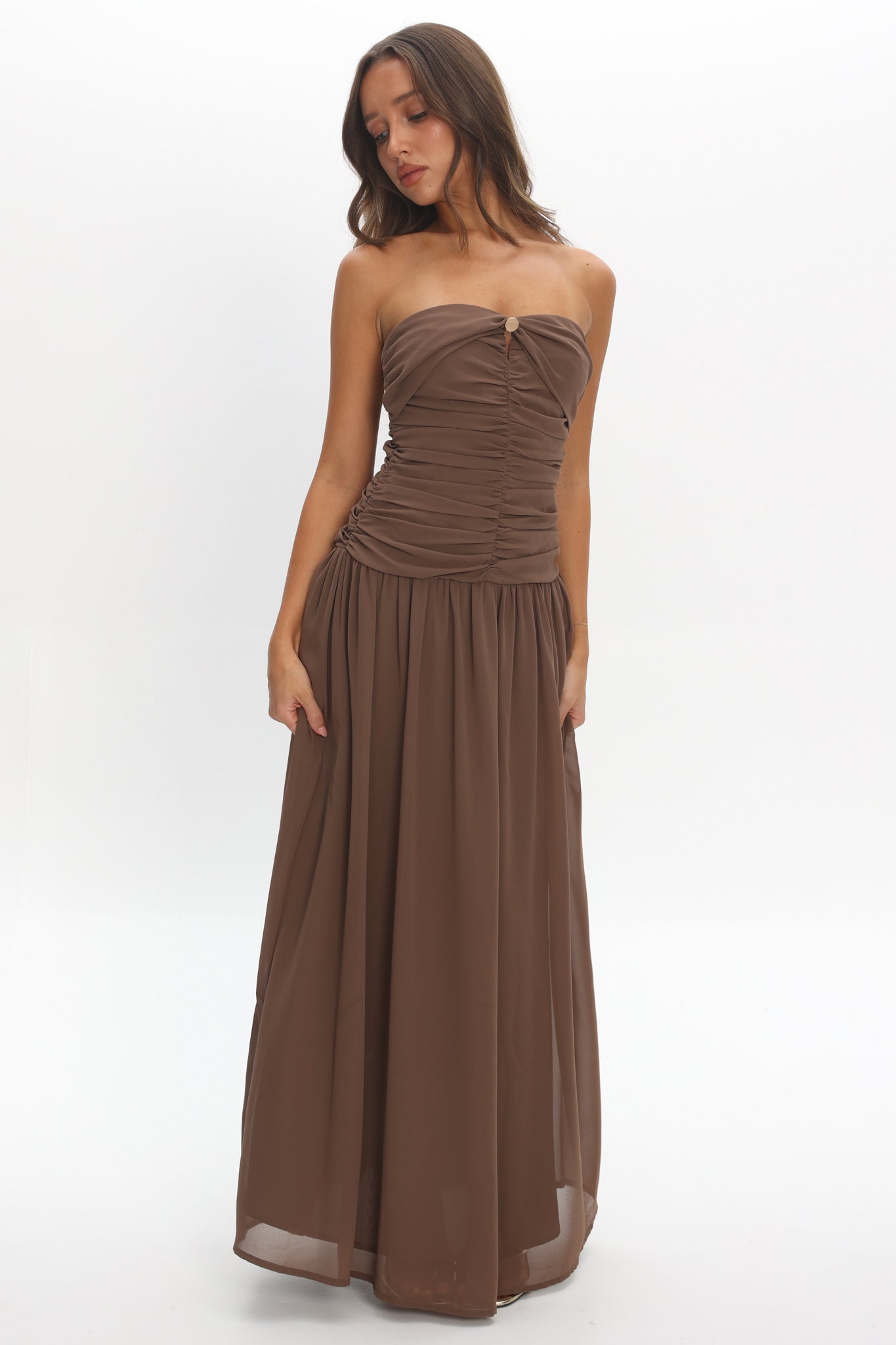 High Streets Strapless Maxi Dress Mocha by Selfie Leslie Australia