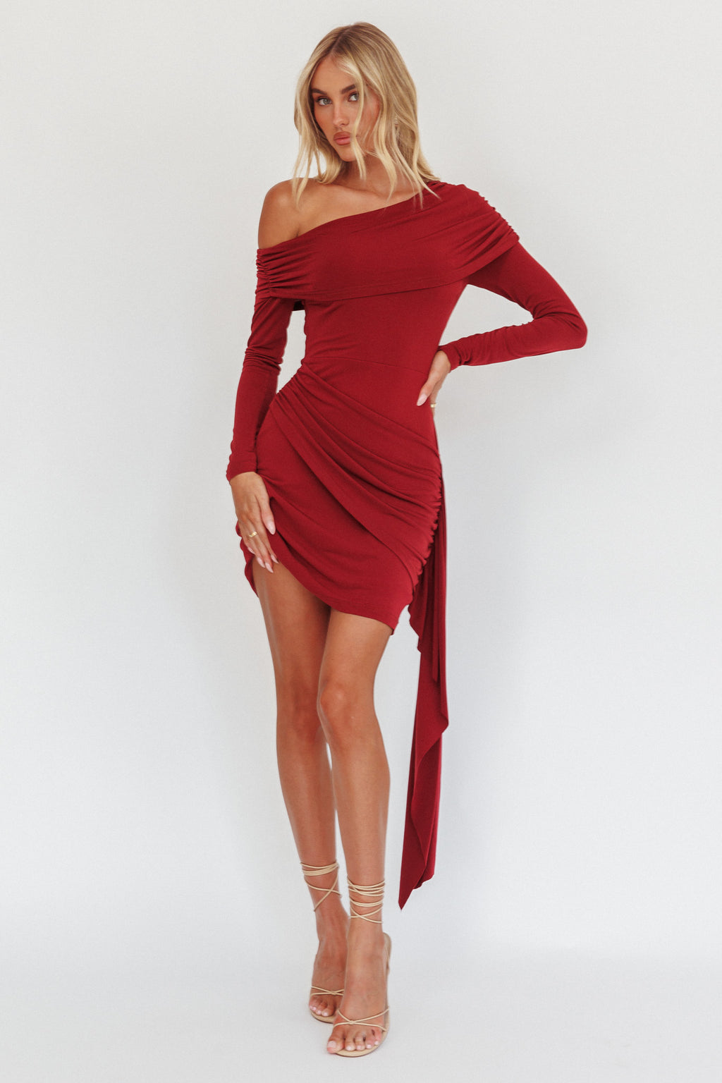 Afroditi Side Sash Draped Mini Dress Wine by Selfie Leslie Australia