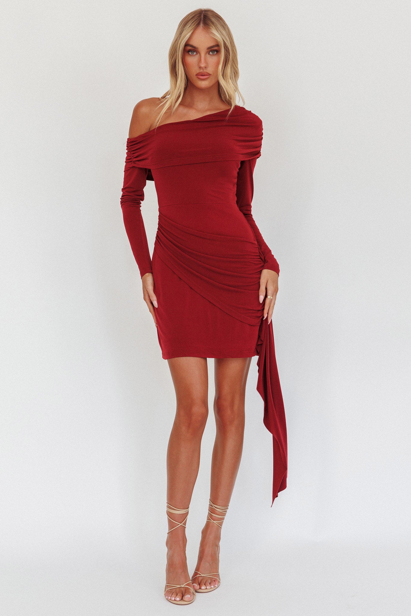 Afroditi Side Sash Draped Mini Dress Wine by Selfie Leslie Australia