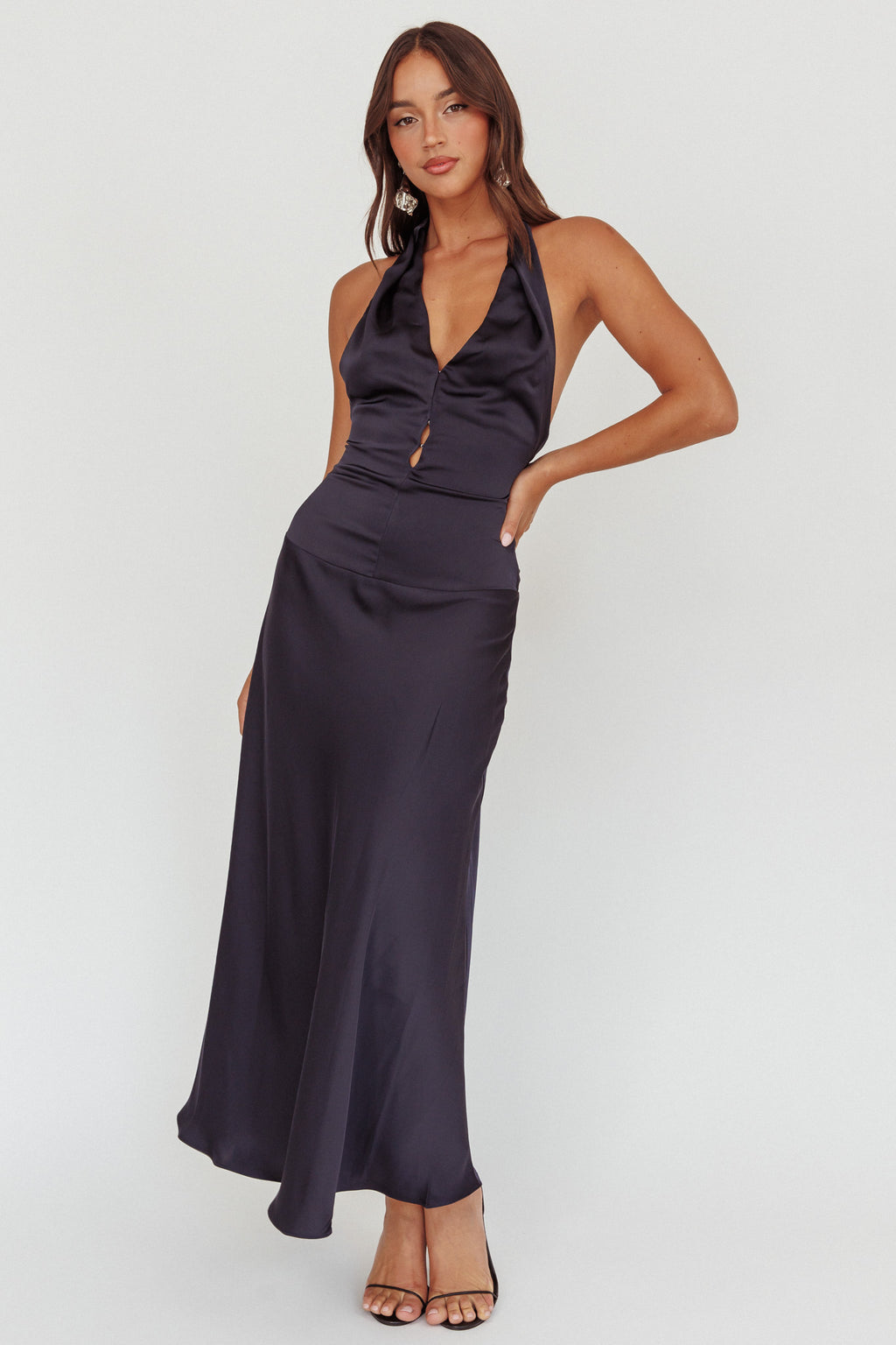 Elcie Drop Waist Halter Maxi Dress Navy by Selfie Leslie Australia