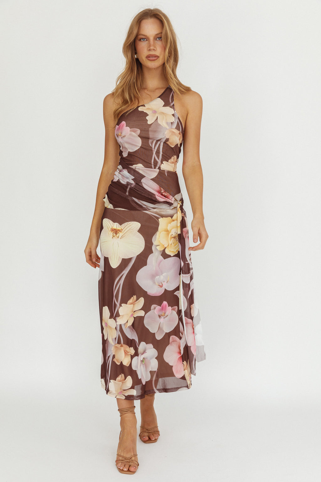 Kimbra Waist Sash Maxi Dress Floral Brown by Selfie Leslie Australia