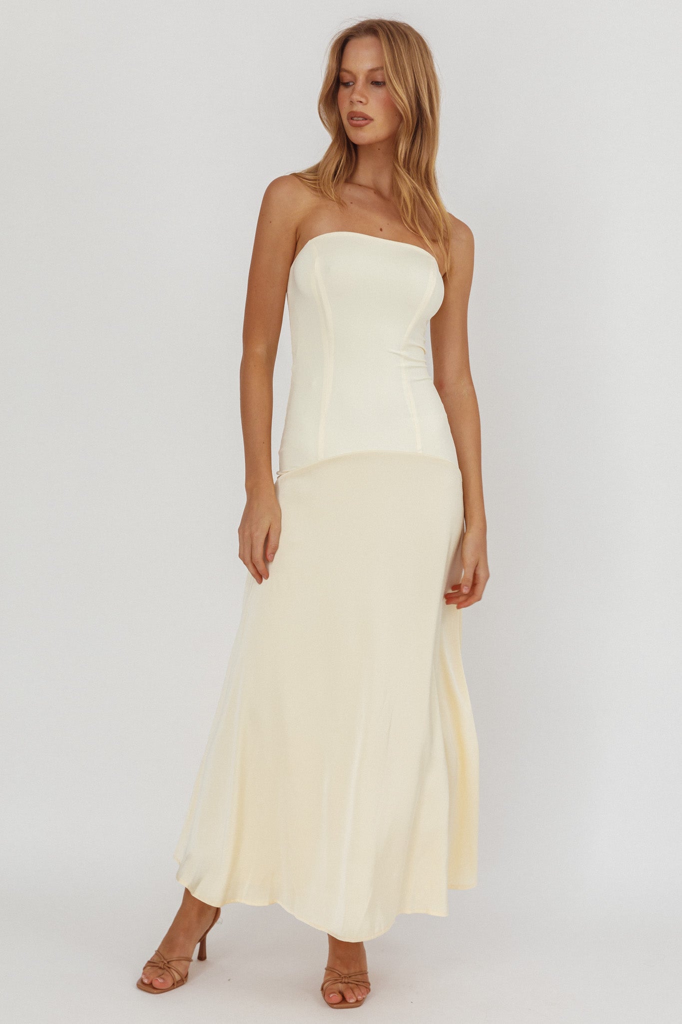 Star Avenue Strapless Drop Waist Maxi Dress Butter by Selfie Leslie Australia