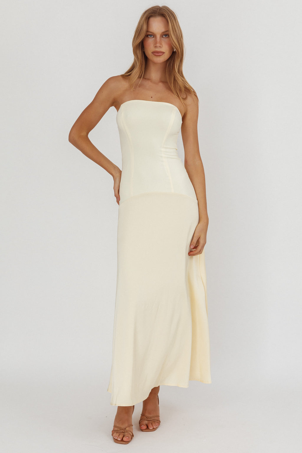 Star Avenue Strapless Drop Waist Maxi Dress Butter by Selfie Leslie Australia