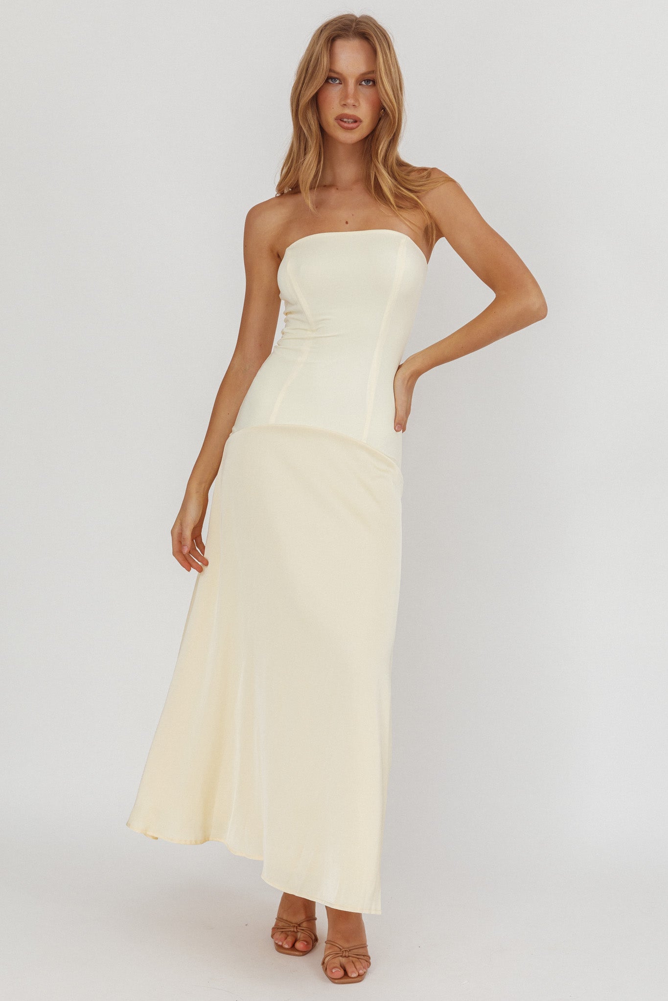 Star Avenue Strapless Drop Waist Maxi Dress Butter by Selfie Leslie Australia