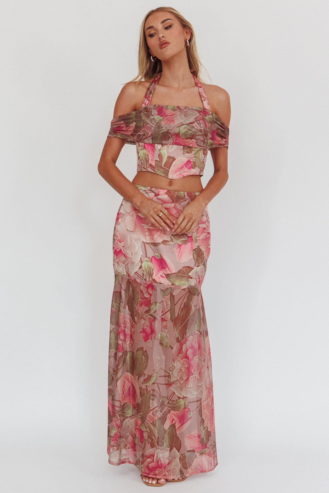 Sunset High Sheer Hem Maxi Skirt Floral Blush by Selfie Leslie Australia