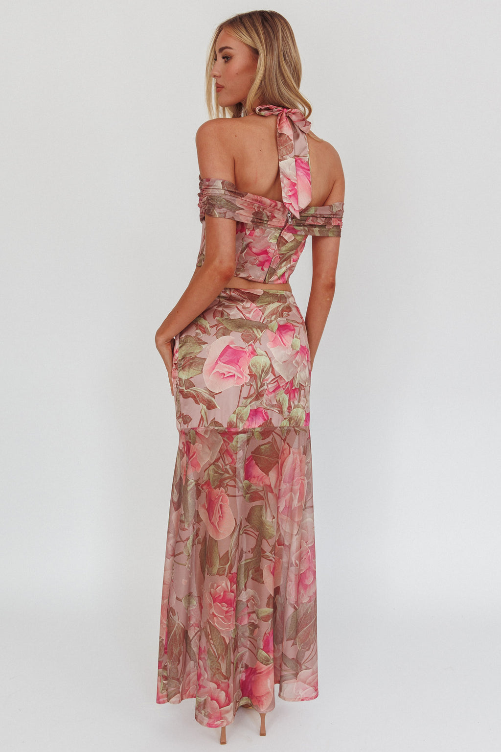 Sunset High Sheer Hem Maxi Skirt Floral Blush by Selfie Leslie Australia