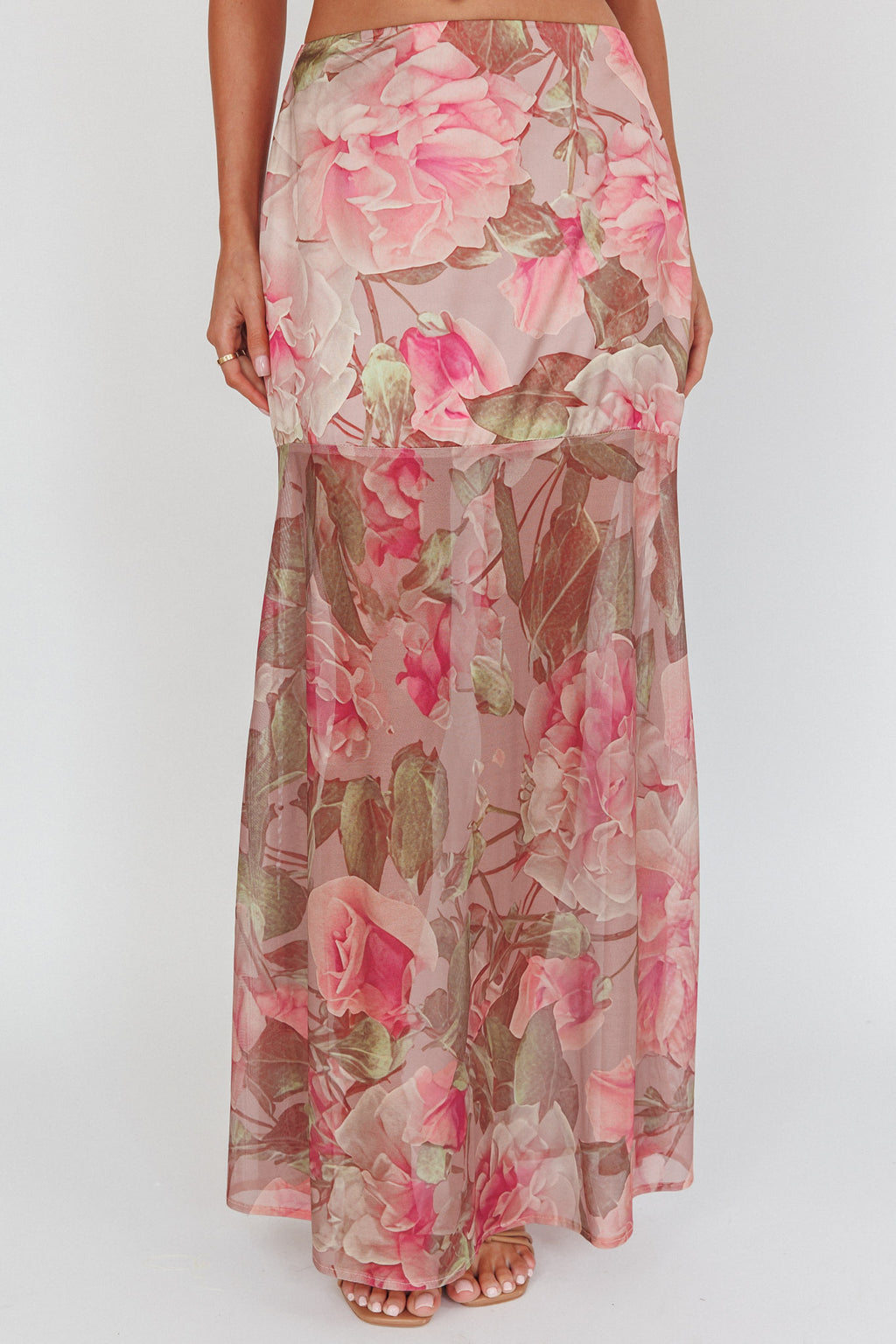 Sunset High Sheer Hem Maxi Skirt Floral Blush by Selfie Leslie Australia